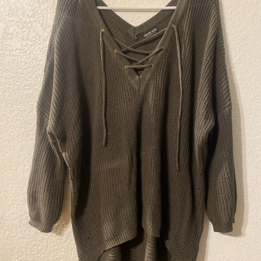 Fashion Nova Olive Green Knit Sweater – Oversized Lace-Up V-Neck | Size L